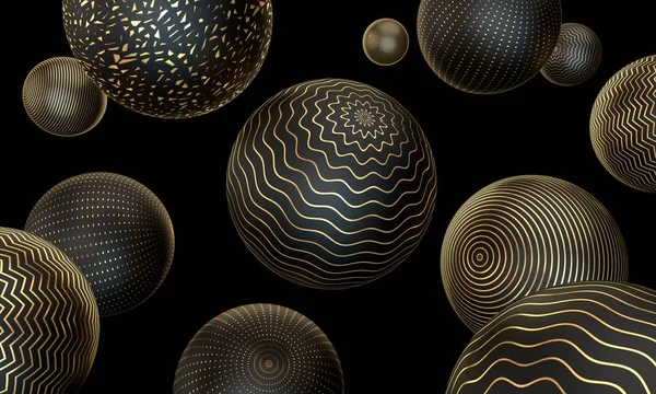 Abstract background. 3D rendered matte black balls with golden ornament on black background