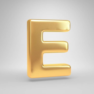 3D harf E büyük harf. Beyaz arka plan üzerinde izole parlak altın yazı tipi