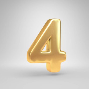 3D sayı 4. Beyaz arka plan üzerinde izole parlak altın yazı tipi