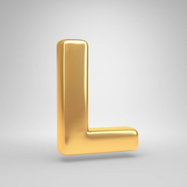 3D harf L büyük harf. Beyaz arka plan üzerinde izole parlak altın yazı tipi