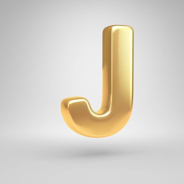 3D büyük J harfi. Beyaz arka plan üzerinde izole parlak altın yazı tipi