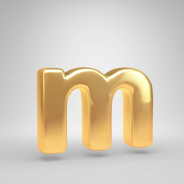 3D harf M küçük. Beyaz arka plan üzerinde izole parlak altın yazı tipi