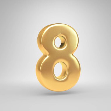 3D sayı 8. Beyaz arka plan üzerinde izole parlak altın yazı tipi