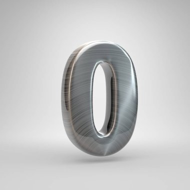 Fırçalanmış metal numarası 0. Beyaz arka plan üzerinde izole 3d render parlak metal yazı tipi.