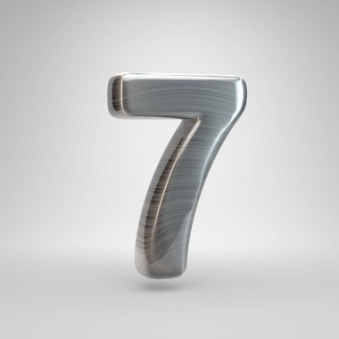 Fırçalanmış metal sayısı 7. Beyaz arka plan üzerinde izole 3d render parlak metal yazı tipi.