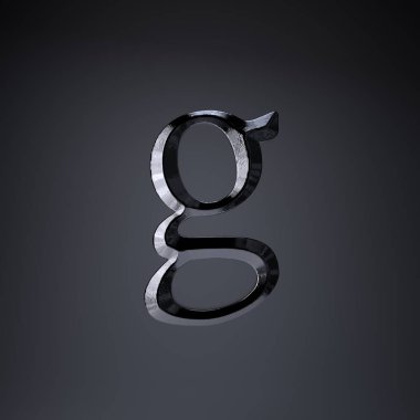 Keskin demir harf G küçük harf. siyah arka plan üzerine izole 3d render oyun veya film başlık yazı tipi.