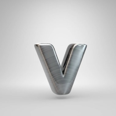 Metal harf V küçük fırça. Beyaz arka plan üzerinde izole 3d render parlak metal yazı tipi.