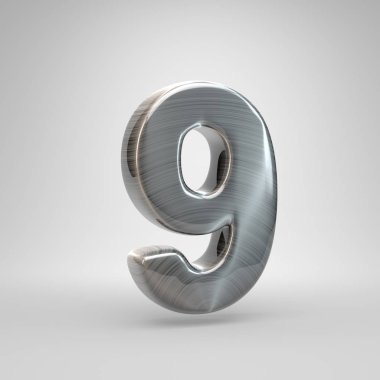 Fırçalanmış metal 9 numara. Beyaz arka plan üzerinde izole 3d render parlak metal yazı tipi.