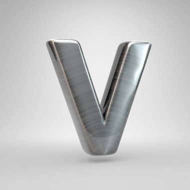 Metal harf V büyük fırçaladı. Beyaz arka plan üzerinde izole 3d render parlak metal yazı tipi.