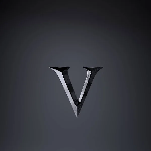 Rzeźbiona żelaza litery małe litery V. 3D render gry lub filmu czcionka tytułu na białym na czarnym tle. — Zdjęcie stockowe