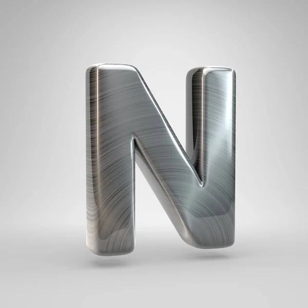 Geborsteld metalen letter N hoofdletters. 3D render glanzende metalen lettertype geïsoleerd op witte achtergrond. — Stockfoto