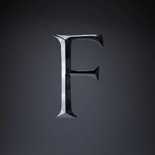 Chiseled ferro letra F maiúscula. 3d render jogo ou filme título fonte isolada no fundo preto . — Fotografia de Stock