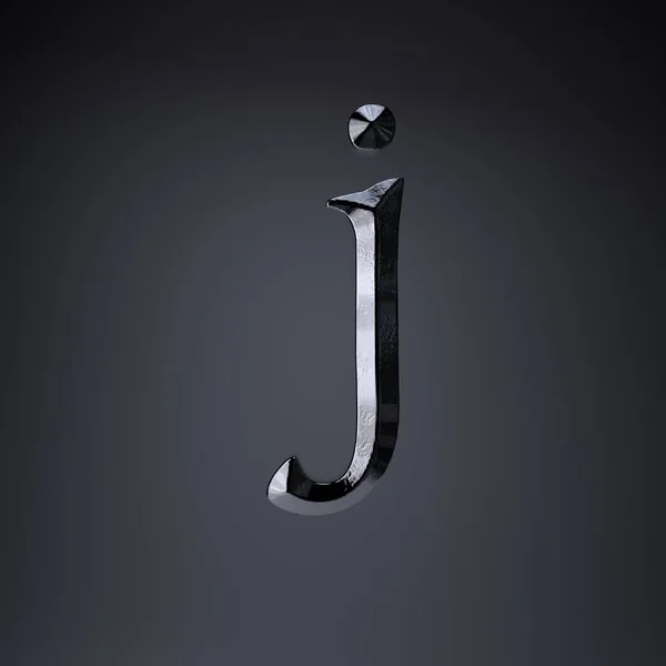 Gebeiteld ijzeren letter J kleine letters. 3D render spel of film titel lettertype geïsoleerd op zwarte achtergrond. — Stockfoto
