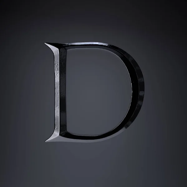 Reliéfní železo písmeno D velká písmena. 3D vykreslení hru nebo film písmo nadpisu izolované na černém pozadí. — Stock fotografie