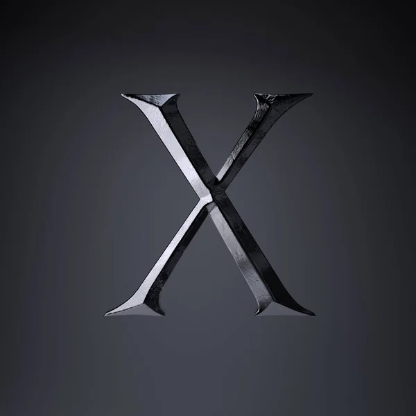Gebeiteld ijzeren letter X hoofdletters. 3D render spel of film titel lettertype geïsoleerd op zwarte achtergrond. — Stockfoto
