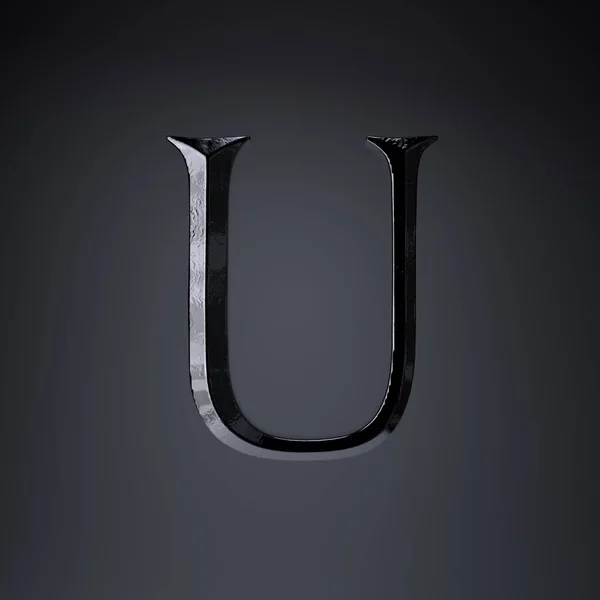 Σμιλευμένη σιδερένια γράμμα U κεφαλαία. 3D καθιστούν παιχνίδι ή ταινία Τίτλος γραμματοσειρά απομονώνονται σε μαύρο φόντο. — Φωτογραφία Αρχείου