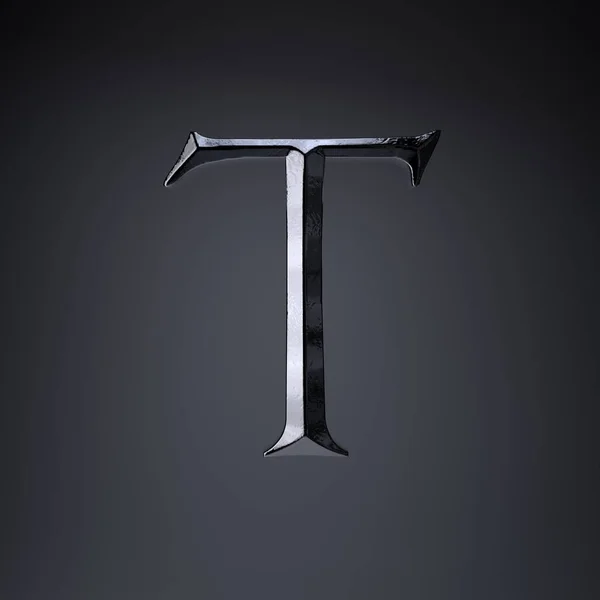 Gebeiteld ijzeren letter T hoofdletters. 3D render spel of film titel lettertype geïsoleerd op zwarte achtergrond. — Stockfoto