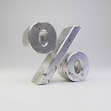 Metal yüzde simgesi. 3D render paslı metal yazı tipi beyaz arka plan üzerinde izole çizik.