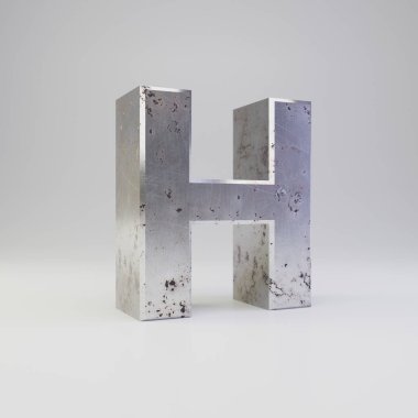 Metal harf H büyük harf. 3D render paslı metal yazı tipi beyaz arka plan üzerinde izole çizik.