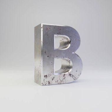 Metal harf B büyük harf. 3D render paslı metal yazı tipi beyaz arka plan üzerinde izole çizik.