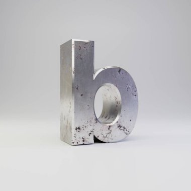 Metal harf B küçük harf. 3D render paslı metal yazı tipi beyaz arka plan üzerinde izole çizik.