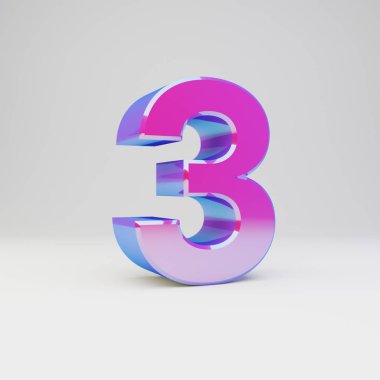 3D sayısı 3. Çok renkli metal yazı tipi parlak yansımalar ve beyaz arka plan üzerinde izole gölge ile render.