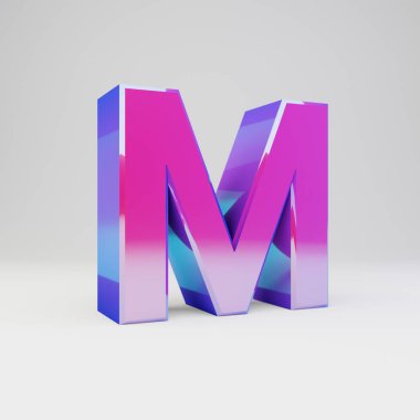 3D harf büyük harf M. Çok renkli metal yazı tipi parlak yansımalar ve beyaz arka plan üzerinde izole gölge ile render.