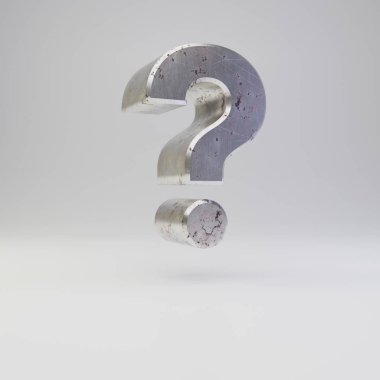 Metal soru işareti simgesi. 3D render paslı metal yazı tipi beyaz arka plan üzerinde izole çizik.