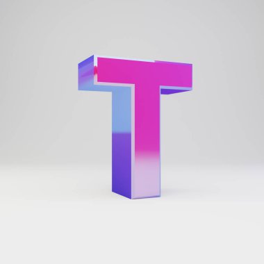 3D mektup T büyük harf. Çok renkli metal yazı tipi parlak yansımalar ve beyaz arka plan üzerinde izole gölge ile render.