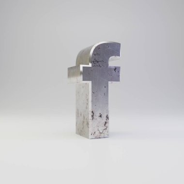 Metal harf F küçük harf. 3D render paslı metal yazı tipi beyaz arka plan üzerinde izole çizik.