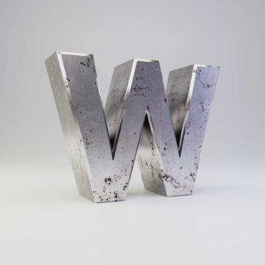 Metal harf büyük harf W. 3D render paslı metal yazı tipi beyaz arka plan üzerinde izole çizik.