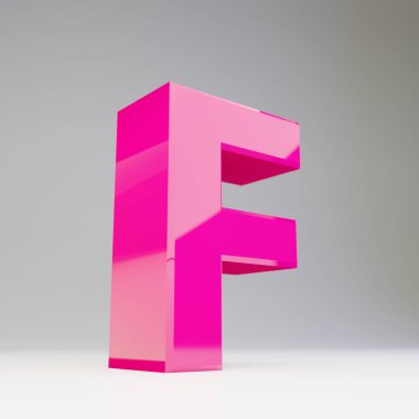 Dev 3d harf F büyük harf. Beyaz arka plan üzerinde izole parlak pembe font render.
