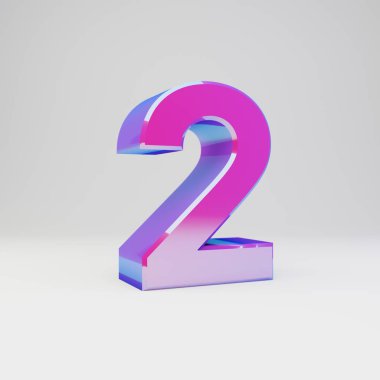 3D sayısı 2. Çok renkli metal yazı tipi parlak yansımalar ve beyaz arka plan üzerinde izole gölge ile render.