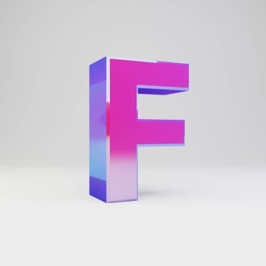 3D harf F büyük harf. Çok renkli metal yazı tipi parlak yansımalar ve beyaz arka plan üzerinde izole gölge ile render.