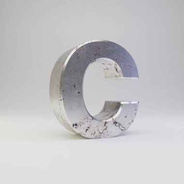 Metal harf C büyük harf. 3D render paslı metal yazı tipi beyaz arka plan üzerinde izole çizik.