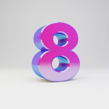 3D sayı 8. Çok renkli metal yazı tipi parlak yansımalar ve beyaz arka plan üzerinde izole gölge ile render.