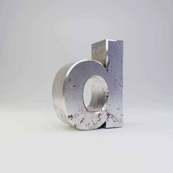 Letra metálica D minúscula. 3D renderizar riscado enferrujado metal fonte isolada no fundo branco . — Fotografia de Stock