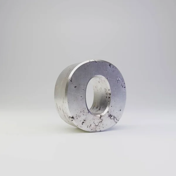 Fém levél kisbetűs O. 3D render karcos rozsdás fém betűtípus, elszigetelt fehér background. — Stock Fotó