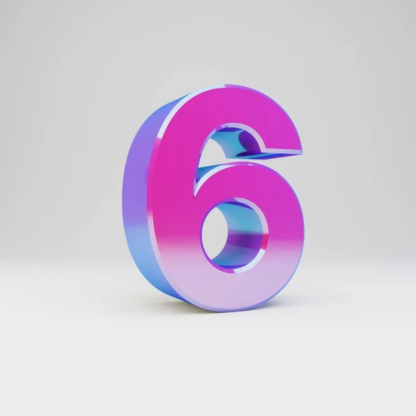 3D-nummer 6. Gesmolten multicolor metalen lettertype met glanzende reflecties en schaduw geïsoleerd op witte achtergrond. — Stockfoto