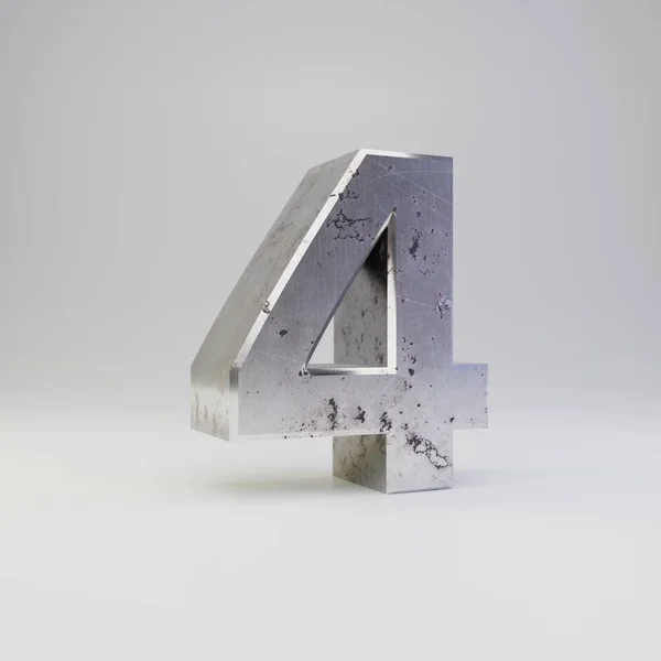 Fém 4-es számú. 3D render karcos rozsdás fém betűtípus, elszigetelt fehér background. — Stock Fotó