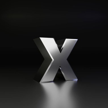 Krom harf küçük harf X. siyah arka plan üzerine izole 3d render parlak metal yazı tipi