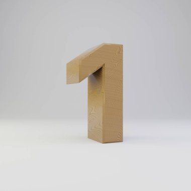 3D sayı 1. Beyaz arka plan üzerinde izole ahşap yazı tipi.