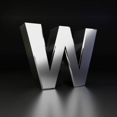 Krom harf büyük harf W. siyah arka plan üzerine izole 3d render parlak metal yazı tipi