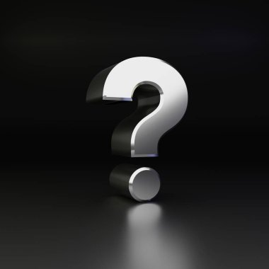 Krom soru işareti simgesi. siyah arka plan üzerine izole 3d render parlak metal yazı tipi