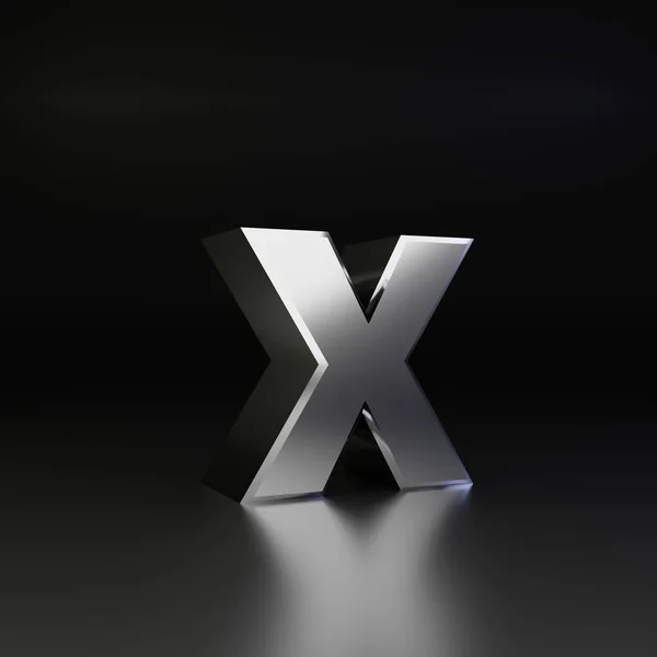 Хромова літера X в нижньому регістрі. 3D візуалізація блискучого металевого шрифту ізольовано на чорному фоні — стокове фото