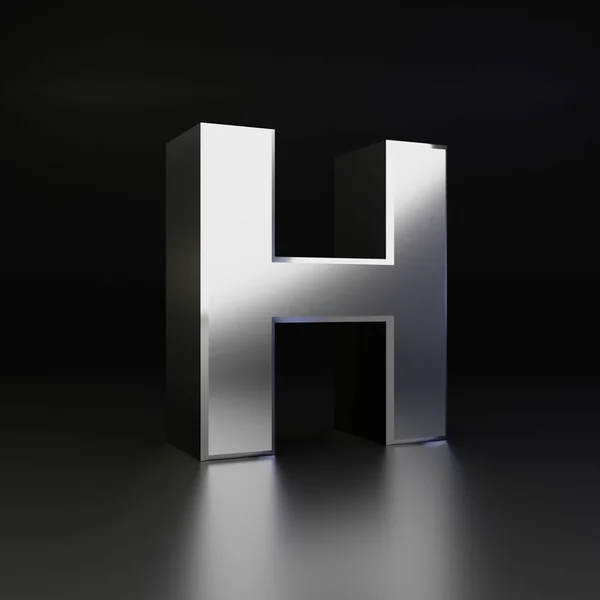 铬字母 H 大写。3d 渲染在黑色背景上隔离的闪亮金属字体 — 图库照片