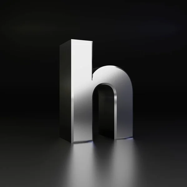 Хромова літера H в нижньому регістрі. 3D візуалізація блискучого металевого шрифту ізольовано на чорному фоні — стокове фото
