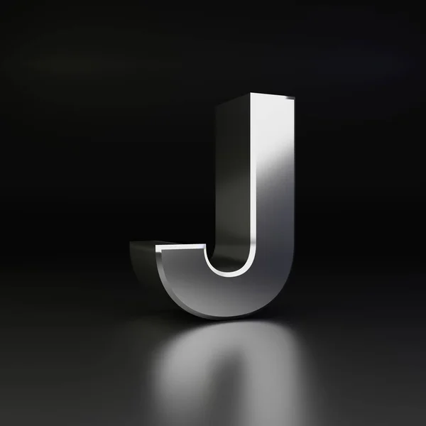 Chrome letter J hoofdletters. 3D render glanzende metalen lettertype geïsoleerd op zwarte achtergrond — Stockfoto