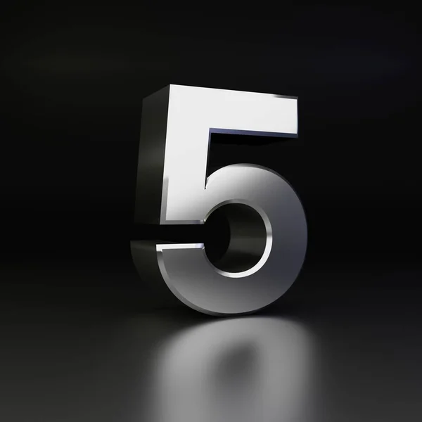 Chrome nummer 5. 3D render glanzende metalen lettertype geïsoleerd op zwarte achtergrond — Stockfoto