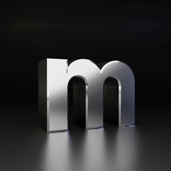 Chrome letter M kleine letters. 3D render glanzende metalen lettertype geïsoleerd op zwarte achtergrond — Stockfoto